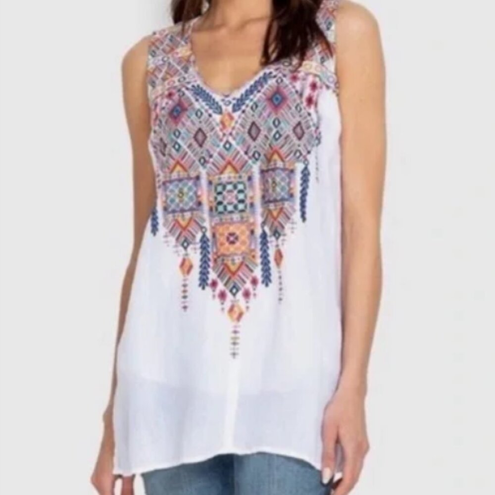 Johnny Was Shankara Embroidered V-Neck Tank Top, White/ Multi, Size Small